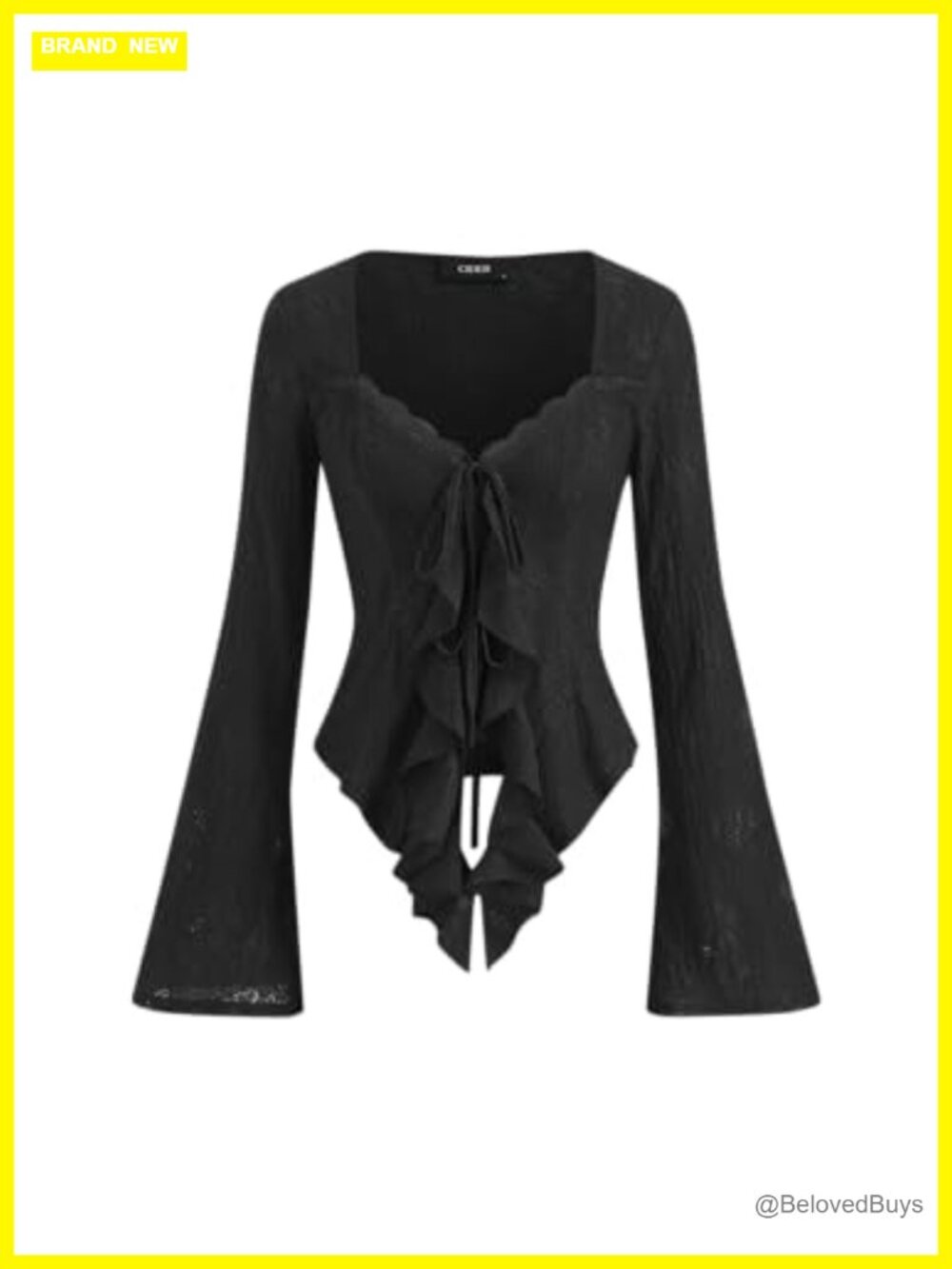 Mesh Lace Long Sleeve Tie Front Top Ruffle Square Neck Blouse